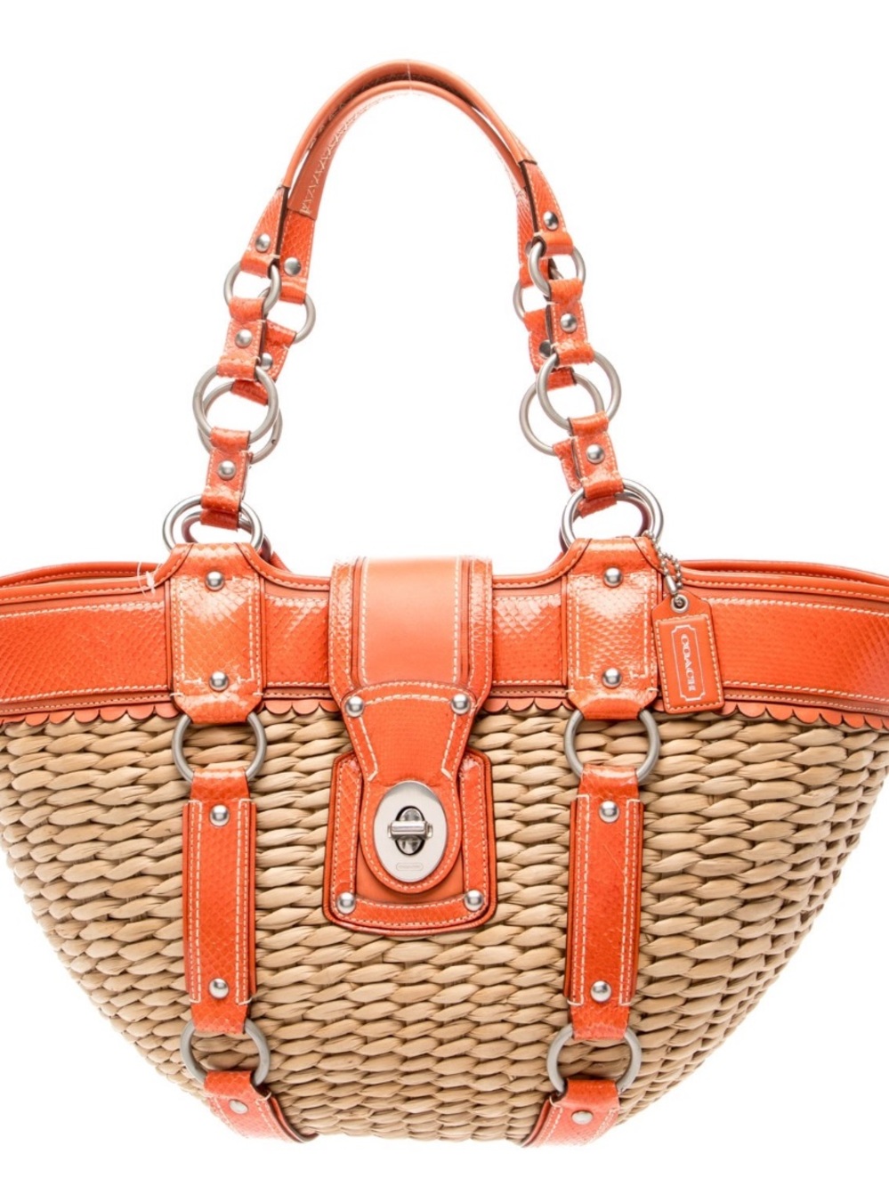 Coach XL Orange-Trim Woven Straw Tote with Turn-Lock Detail in like new cond